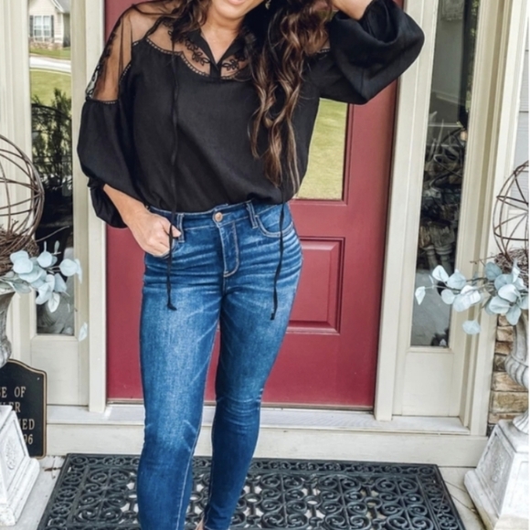 NEW Boho Embroidered Lace Sheer Bishop Sleeve Peasant Blouse Top Black - Picture 3 of 12